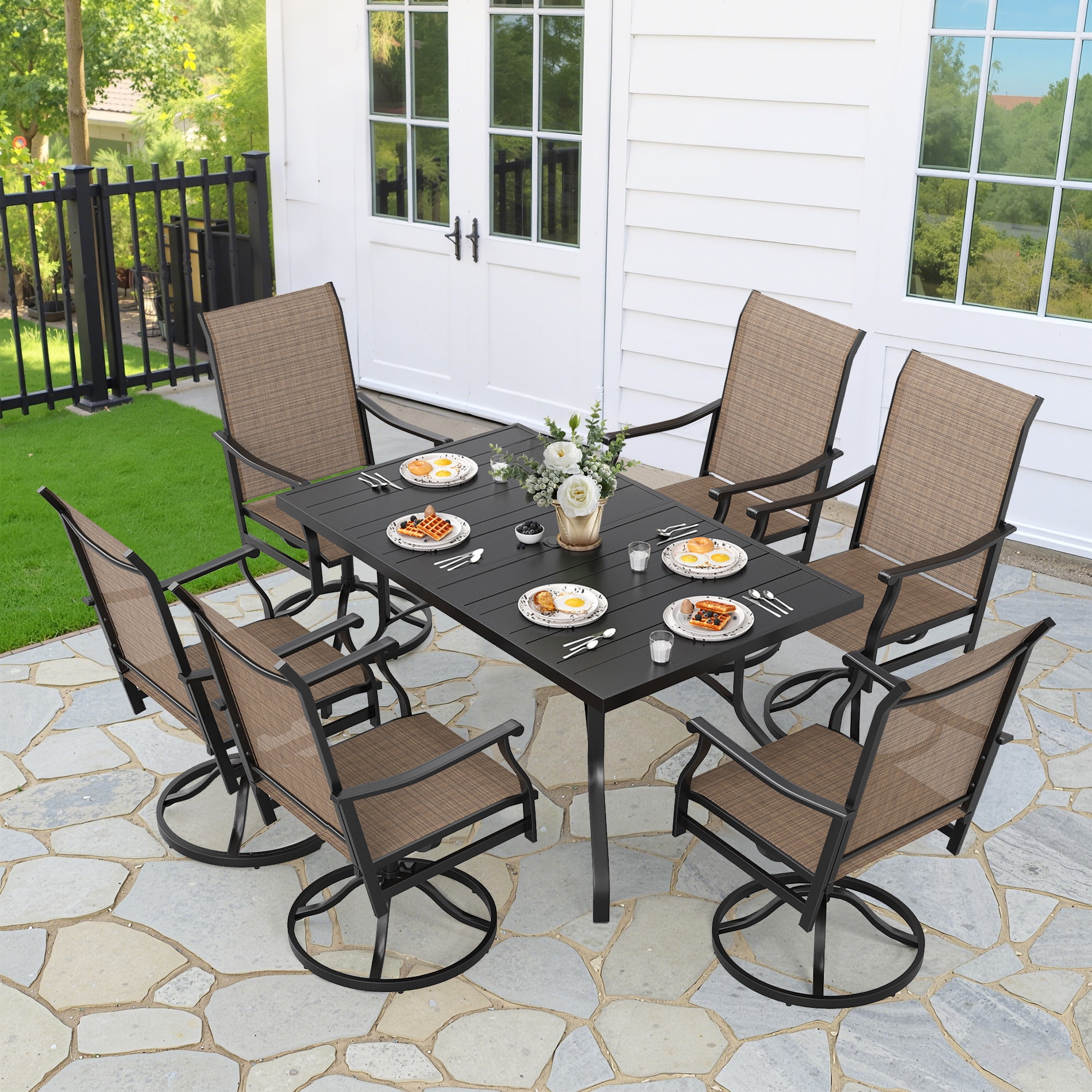 MAYEERTY 7-Piece Patio Dining Set:1 Black Rectangular Table with 1.57" Umbrella Hole & 6 Brown Swivel Textilene Chairs