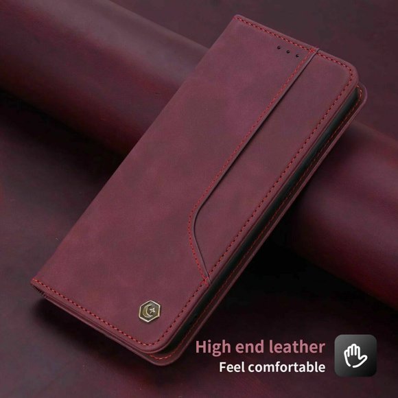 POLA Retro Classic Magnetic PU Leather Flip Wallet Card Holder Phone Case Cover for Samsung Galaxy S22 Plus (Wine Red)