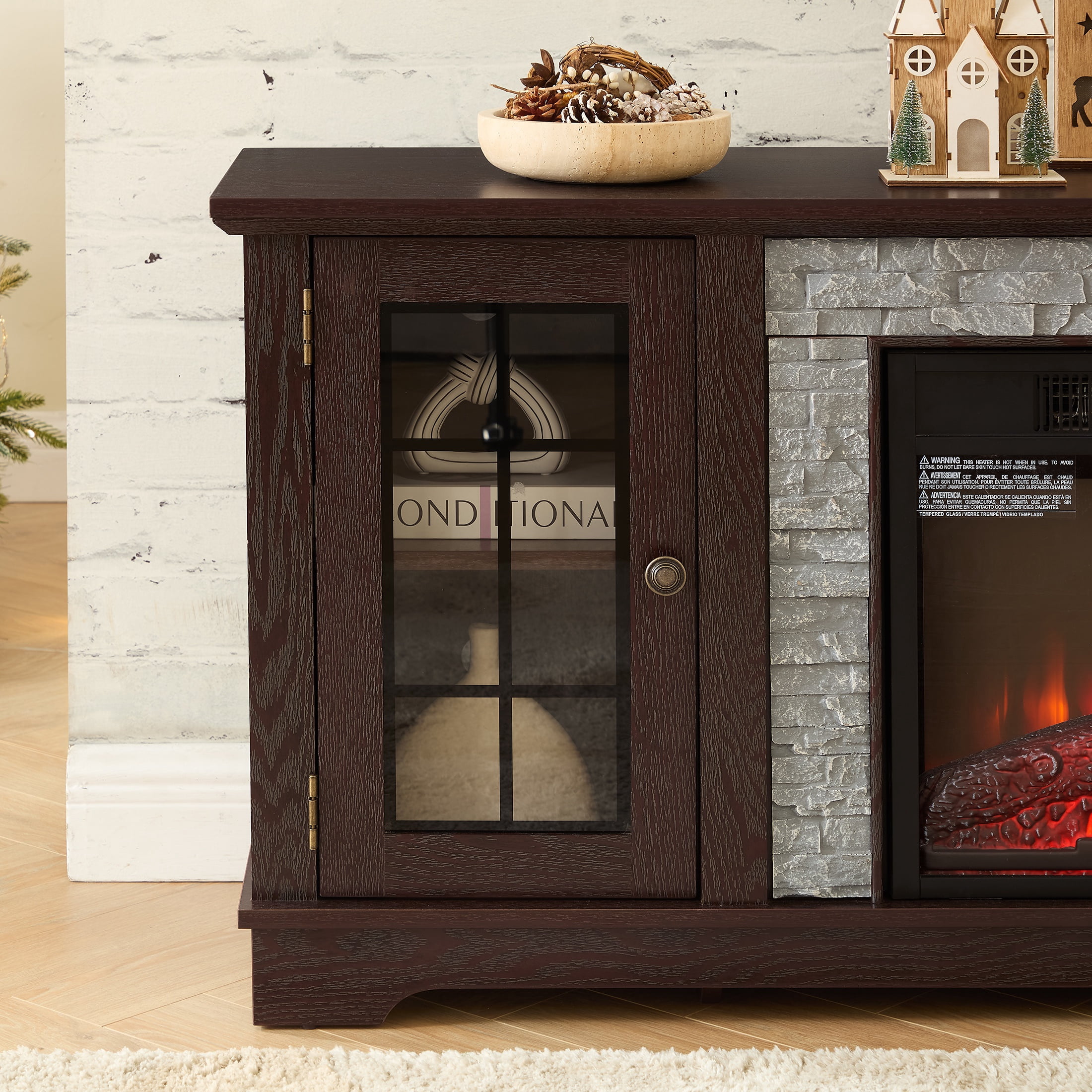 Electric Fireplace TV Stand for 65″ TVs, UHOMEPRO Fireplace Entertainment Center TV Console Table with 18″ Fireplace, 2-Door Storage Cabinets, Holds up to 200 lbs, Cherry