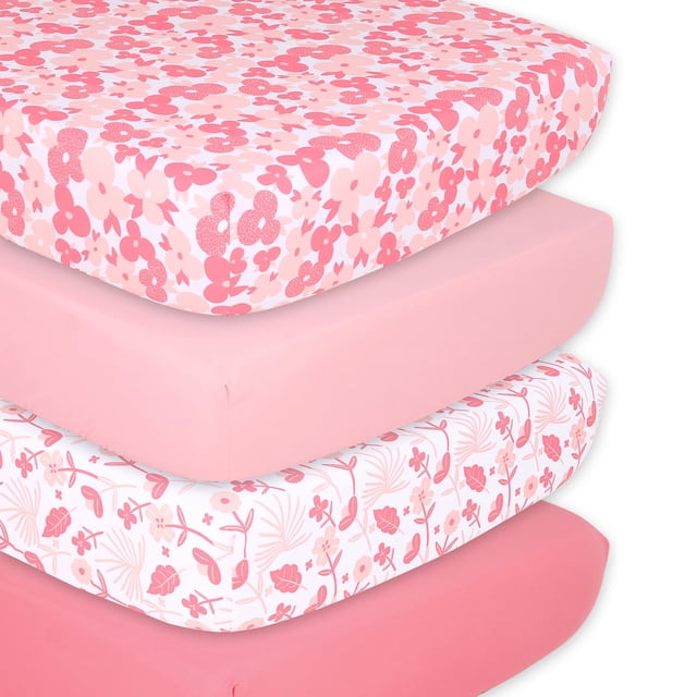 The Peanutshell Drap-Housse pour Lit de Bébé Filles, Ensemble de 4, Floral Rose Punch