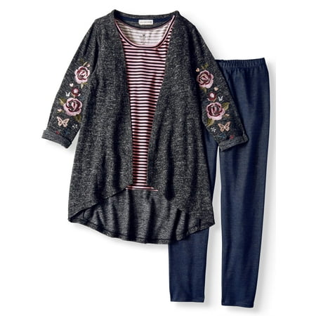 ONE STEP UP Embroidered Long Sweater Knit Cardigan, Tee & Knit Denim Legging, 2-Piece Outfit Set (Little Girls & Big Girls)