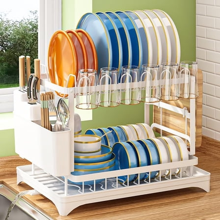 Multifunctional 2-Tier Dish Drying Rack Rustproof Metal Kitchen Organizer with Drainer Board