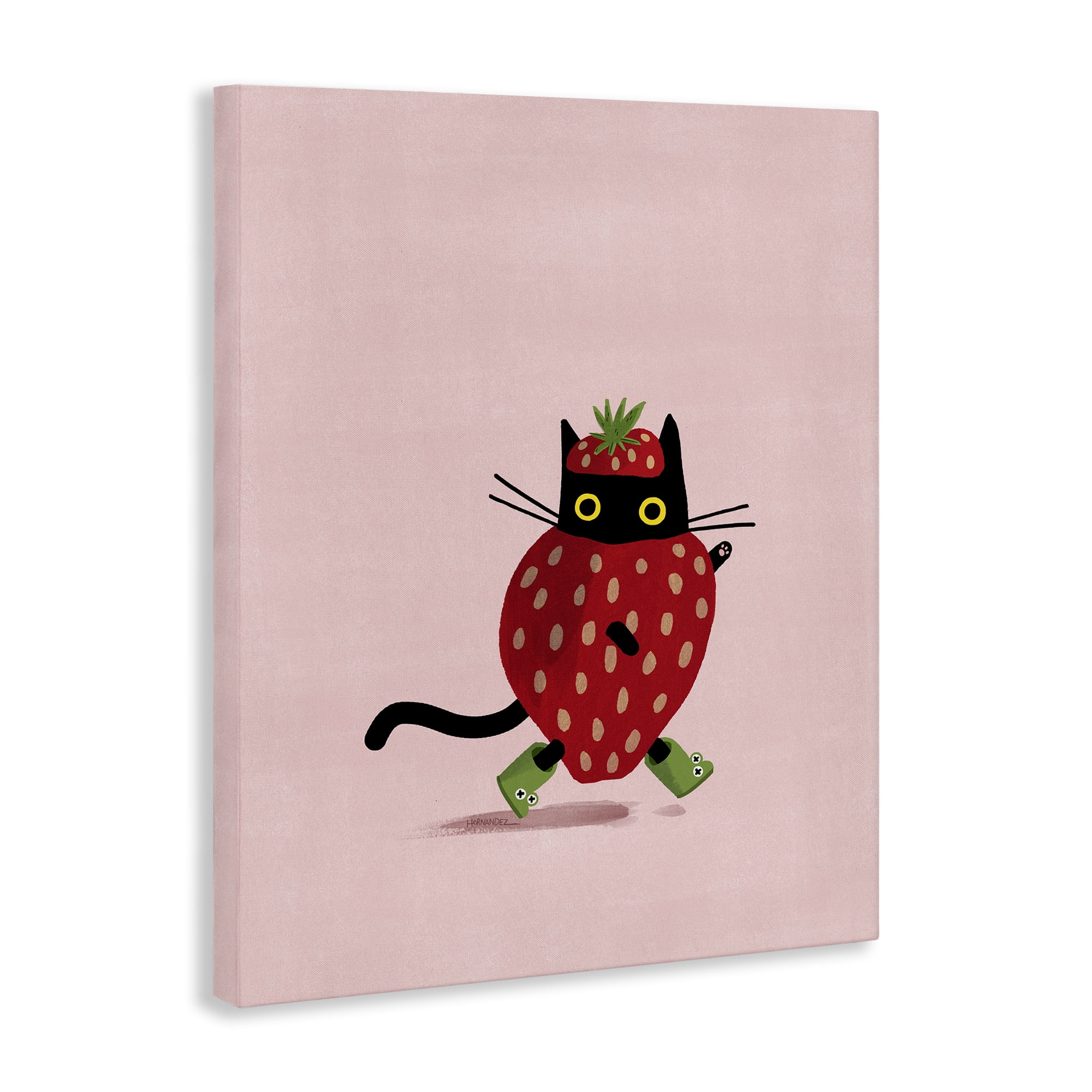 Stupell Industries Strawberry Cat on Pink Animals Painting Wrapped Canvas Art Print Wall Art, 16 x 20