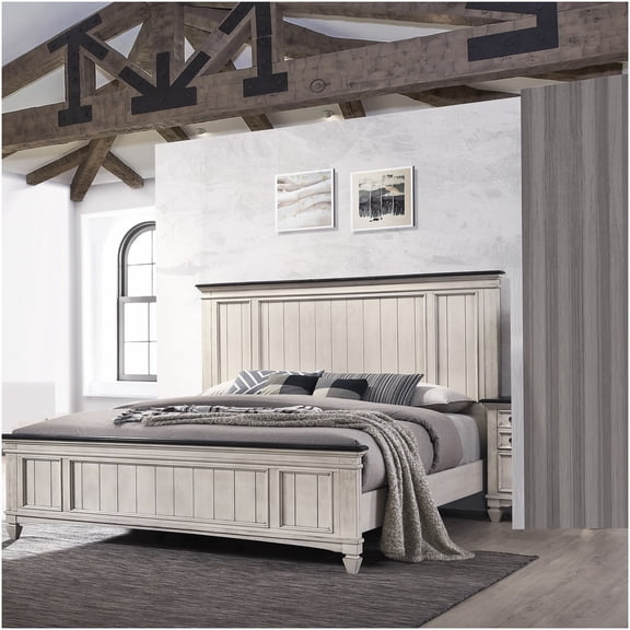 Farmhouse King Bed Frame with Bench Footboard, Solid Wood Platform Bed with Slat Support System