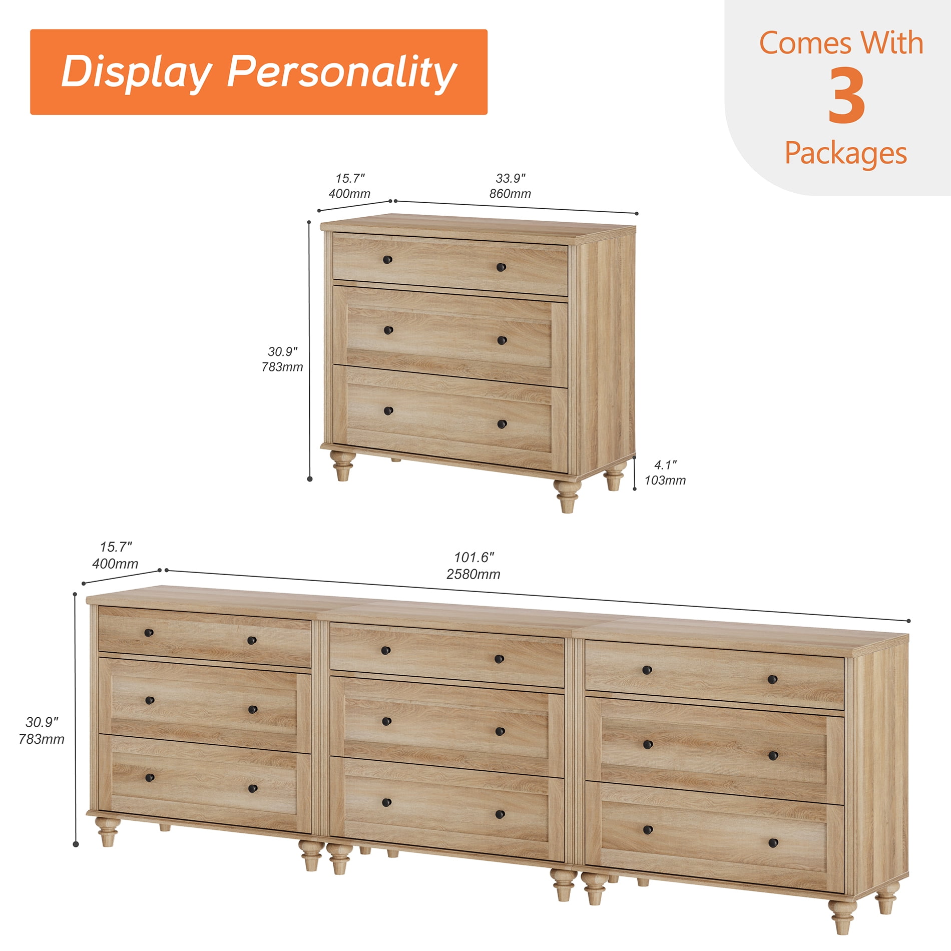 Mid-Century Modern Wooden Dresser with 9 Wide Drawers, Compact Storage Organizer for Bedroom, Nursery, Hallway, and Living Room, Oak