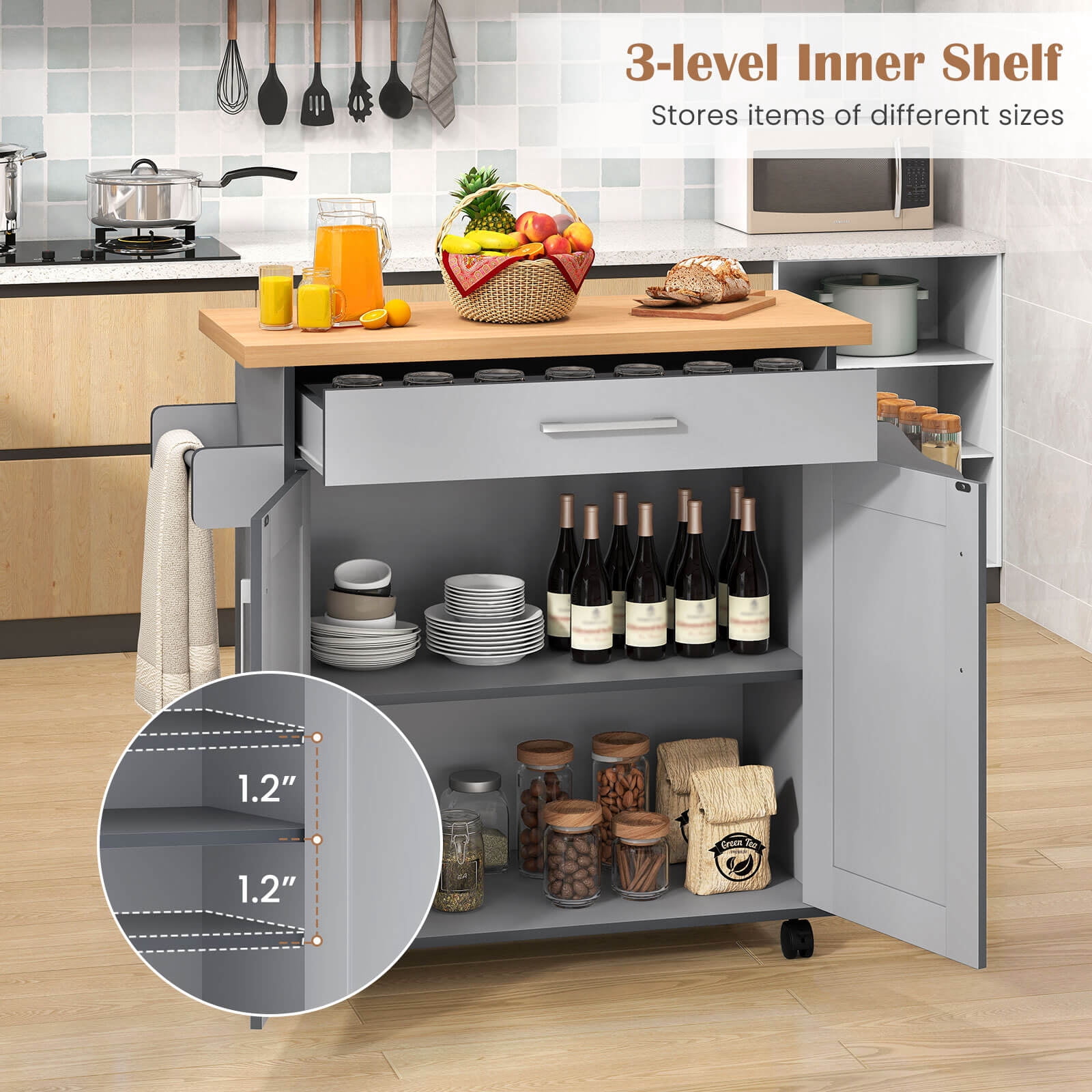 Costway Kitchen Island 44" Rolling Kitchen Cart with Drawer Adjustable Shelf Spice Rack Gray