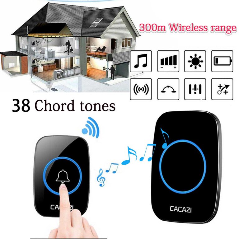 Wireless Doorbell, 300 Meter Range Waterproof Door Bell, Wireless Chime  With 1 Transmitter And 1 Plug-in Receiver And 36 Ringtones 4 Level Volumes  For