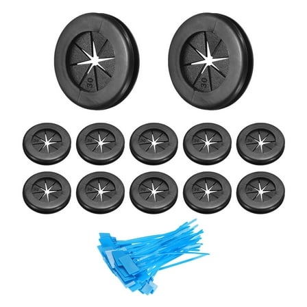 12Pack 1"(25mm) ID 1-3/16" (30mm) Drill Hole Grommets with Cable Ties, Black