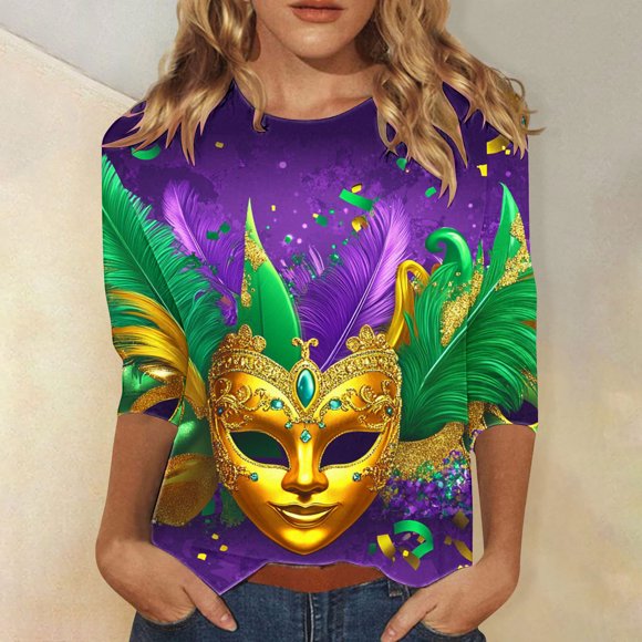 BVOFAR Mardi Gras Shirt for Women Tuesday Carnival New Orleans Tees Fancy Mask Print T-Shirts 3/4 Sleeve Round Neck Tops Festive Party Blouses