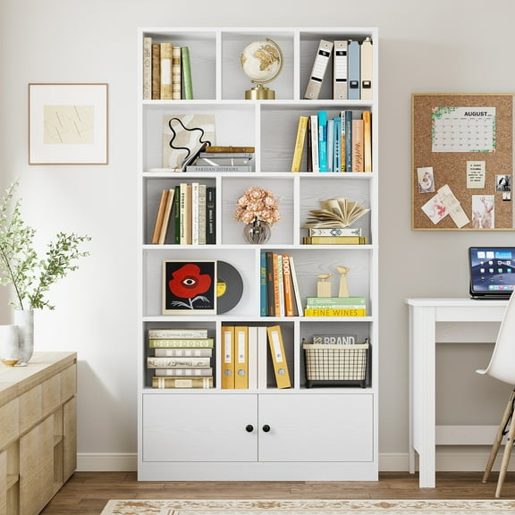 IRONCK 71" Tall Bookcases with 2 Doors, 13 Cubes Modern Bookshelf for Living Room Home Office, White