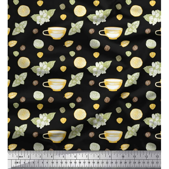 Soimoi Black Cotton Voile Fabric Floral,Tea Cup & Lemon Slice Vegetable Printed Fabric 1 Yard 56 Inch Wide