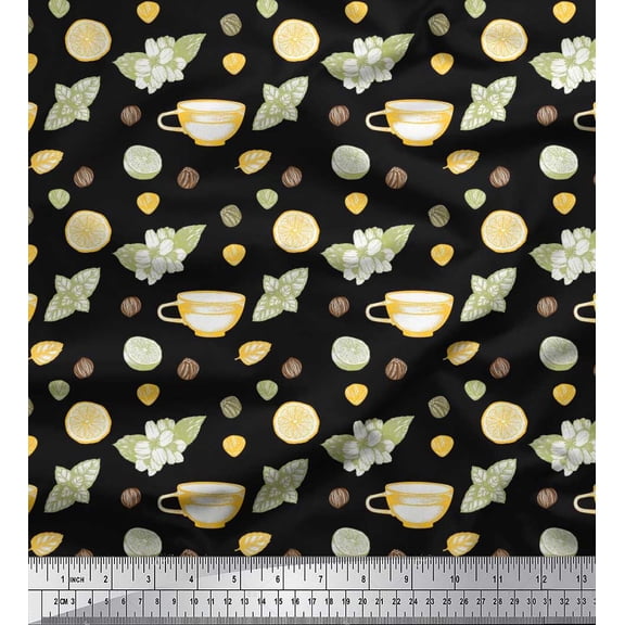 Soimoi Black Georgette Viscose Fabric Floral,Tea Cup & Lemon Slice Vegetable Printed Fabric 1 Yard 42 Inch Wide