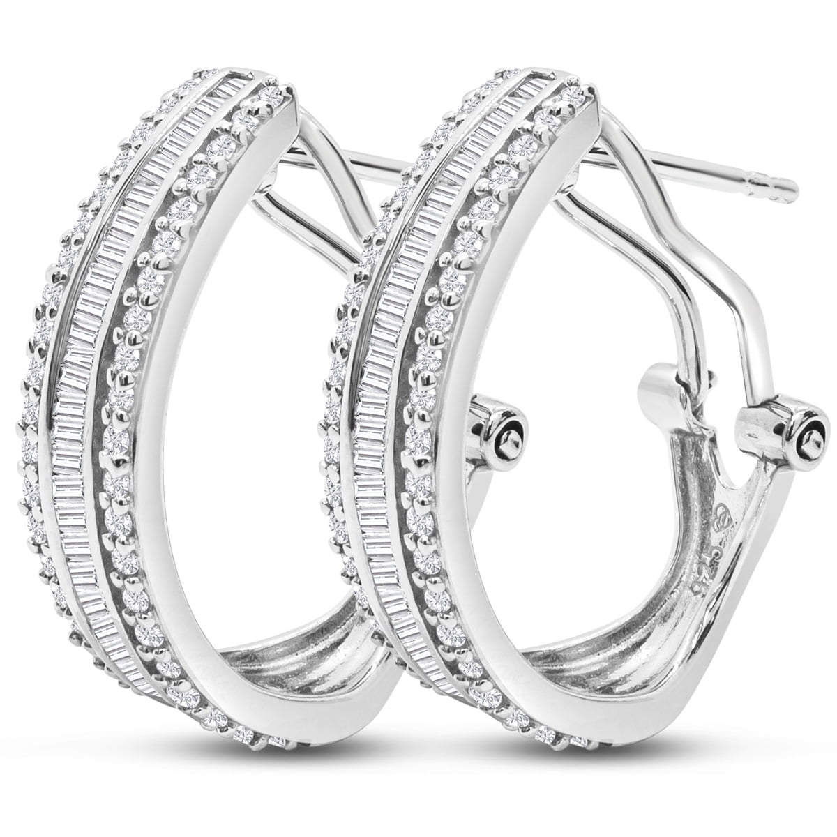 SuperJeweler 1 Carat Baguette and Round Colorless Diamond Hoop Earrings In Sterling Silver For Women