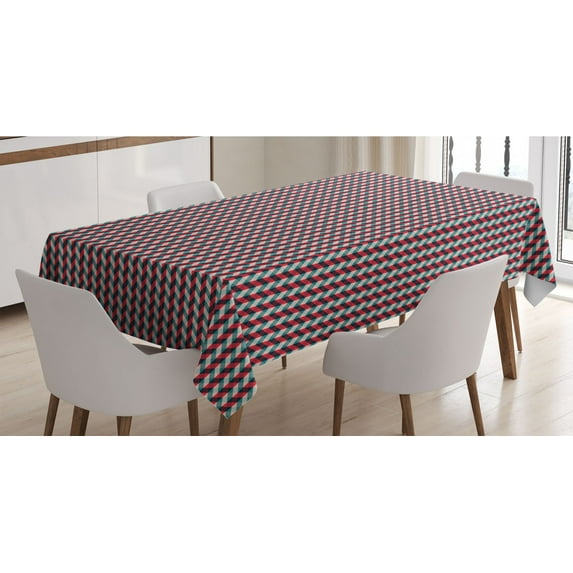 Retro Tablecloth, Vintage Country Style Pattern with Diagonal Checks and Vertical Stripes, Rectangle Satin Table Cover for Dining Room and Kitchen, 52" X 70", Dark Coral Teal Beige, by Ambesonne