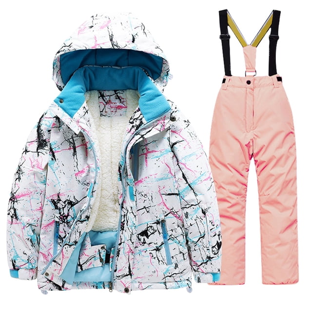 LIJCC Garçons Filles Combinaison de Neige Combinaison de Ski Pantalons Vestes Ensembles Hiver Combinaison de Neige Doublée en Molleton Rembourrée Chaude Tenue 2 Pcs Veste de Ski à Capuche à Fermeture Éclair Vêtements de Planche à Neige