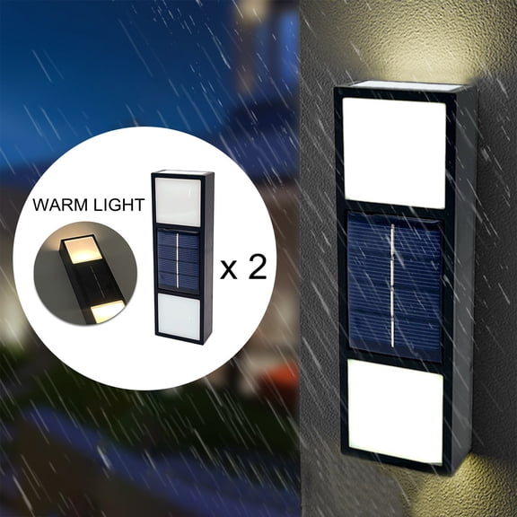 Solar Powered Outdoor Wall Sconce Lights, Up and Down LED Illumination for Porch, Garden, and Patio, Waterproof Modern Black Exterior Lighting, 2 Pack