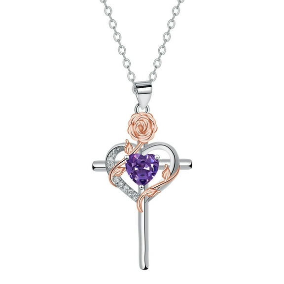 ICTPTOSL Cross Necklace for Women, 925 Sterling Silver Birthstone Necklace for Women with Rose Flower Birthstone Womens Jewelry Birthday Gifts for Wife Women