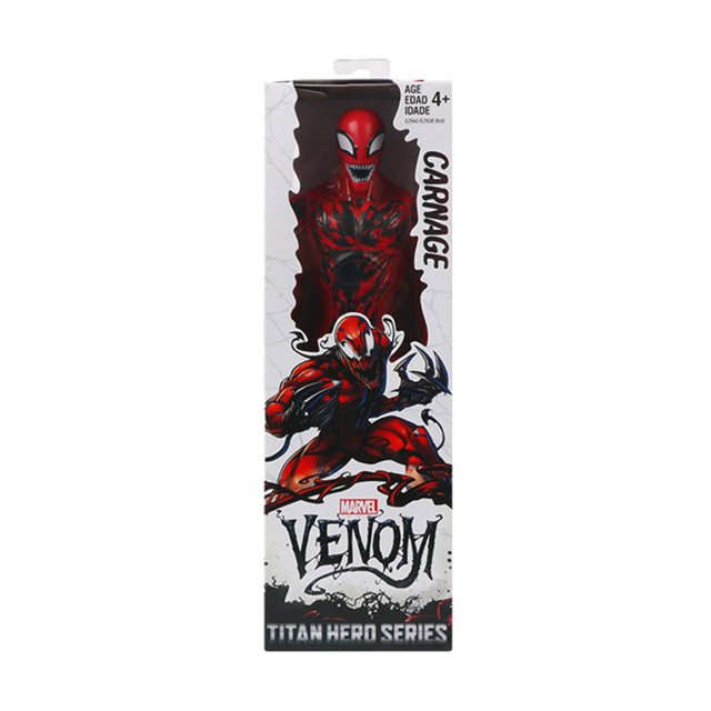 figuras de acción de marvel titan hero, 12 " caja vertical con figura Carnage de 30 cm visible por ventana frontal; ilustración de Venom en el frente, texto 'CARNAGE' en el lateral y logos 'MARVEL' y 'TITAN HERO SERIES' en la base. PVC articulado, adecuado como juguete o para exhibir en colección.