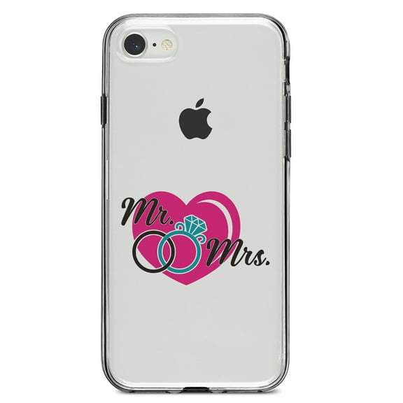 DistinctInk Clear Shockproof Hybrid Case for iPhone 7 8 SE (2020 Model) 4.7" Screen TPU Bumper Acrylic Back Tempered Glass Screen Protector - Mr. & Mrs. Wedding Rings Heart