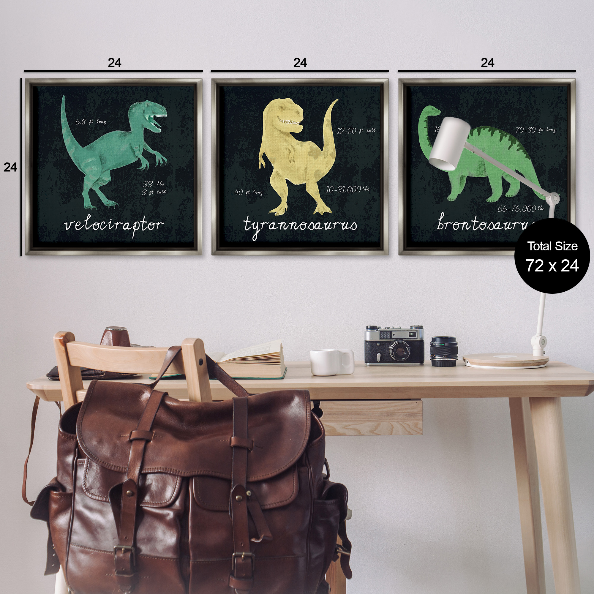 Stupell Industries Dinosaur Facts Chalk Inspired Design Animals & Insects Painting Gray Floater Framed Canvas Art Print Wall Art, 25 x 25, Set of 3