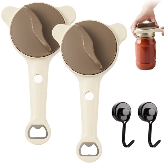 VEGCOO 2-Pack 4-in-1 Jar Opener for Seniors with Arthritis & Weak Hands, Khaki Multi-Function Can Bottle Opener with 2 Magnetic Hooks, Manual Lid Remover Kitchen Gadget Tool for Jars, Sodas, Bottles