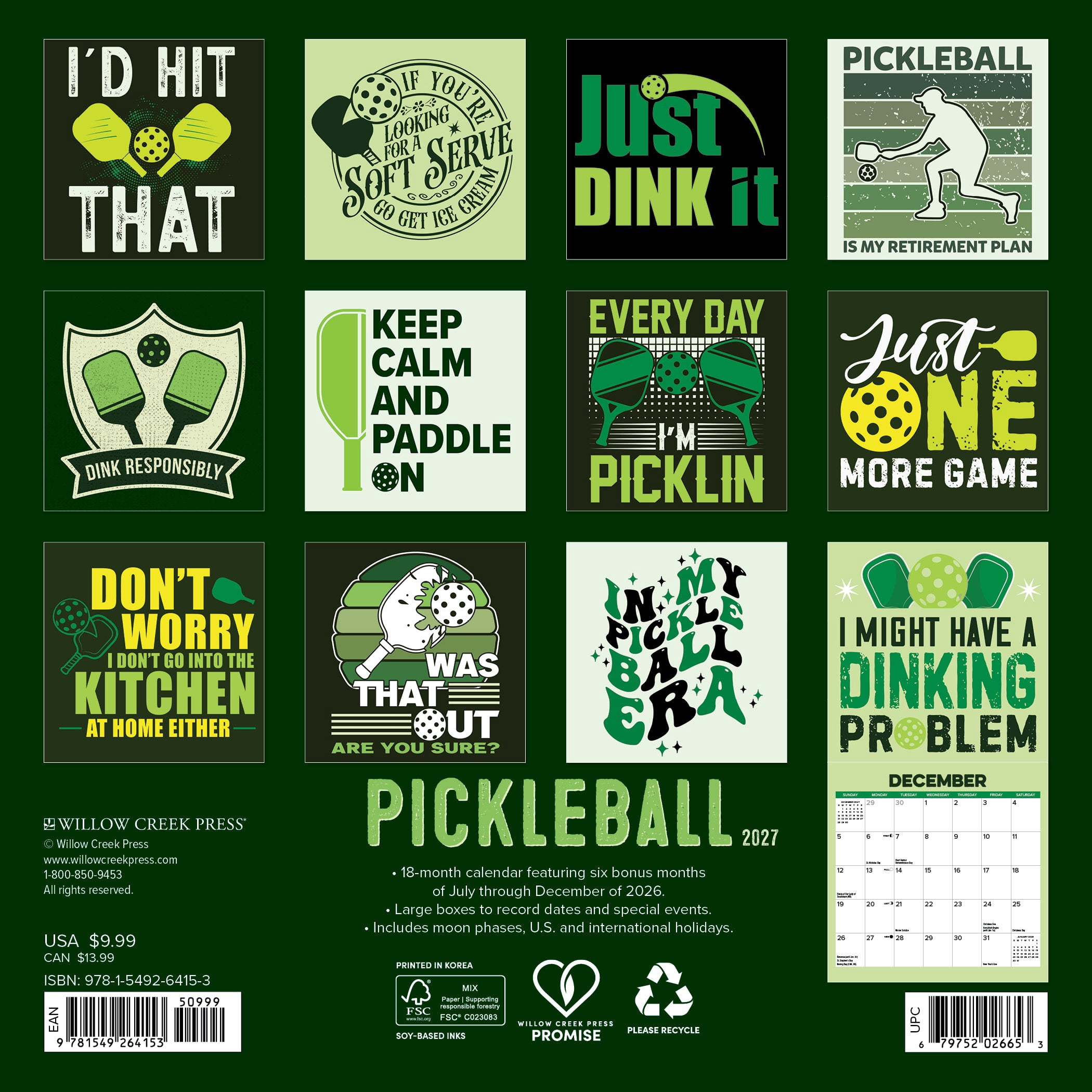 Willow Creek Press, Pickleball 2027 Mini Wall Calendar
