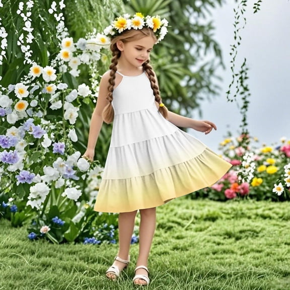 Nmnitkp Girls Dresses Gradient Ruffle Sleeve Tiered Casual Flowy Swing Tween Sundress with Pockets Yellow,7 Years