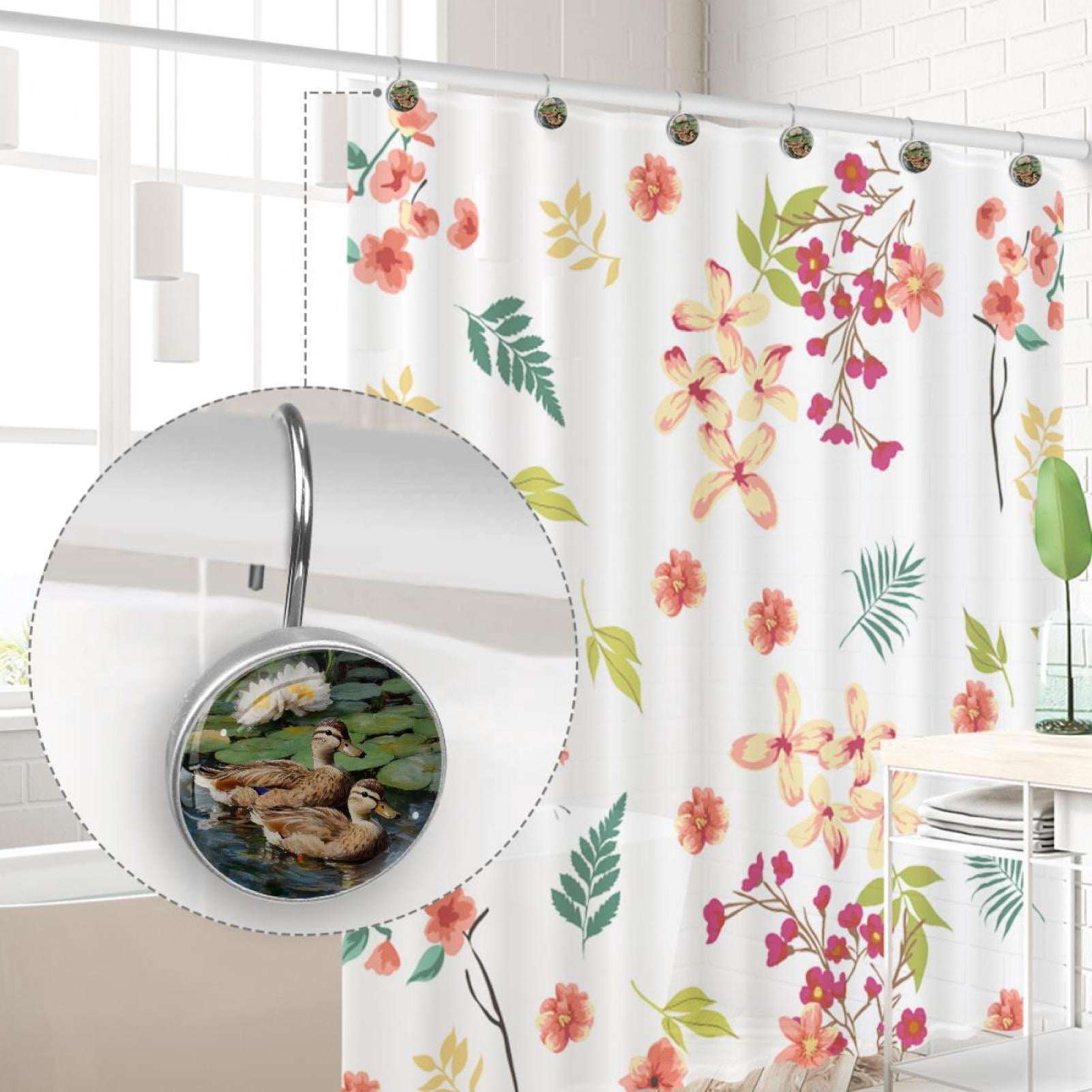 Ducks on Lotus Pond Shower Curtain Hooks Round Crystal Glass, Set of 12 Shower Curtain Rings - Shower Hooks for Curtain Shower Rings