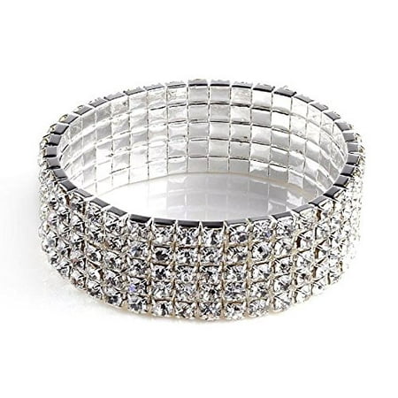 Bridal Clasp Bracelet - Bridal Rhinestone Stretch Bracelet 5-row Silver Tone - Ideal for Wedding, Pro...