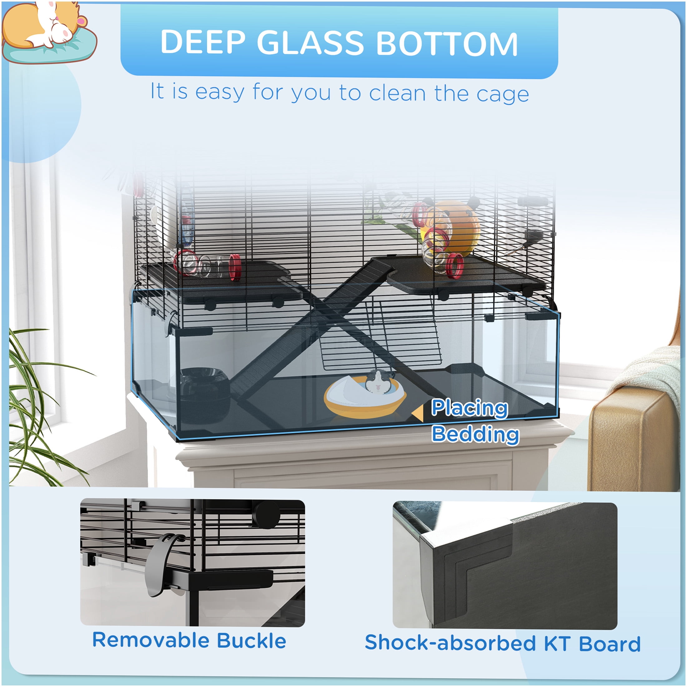 JERFIT 31" Large Hamster Cage with Tubes, Deep Base Glass Tank Habitat with Wheel, Water Bottle, Food Dish for Dwarf Hamster, Gerbil, Mouse or Rat