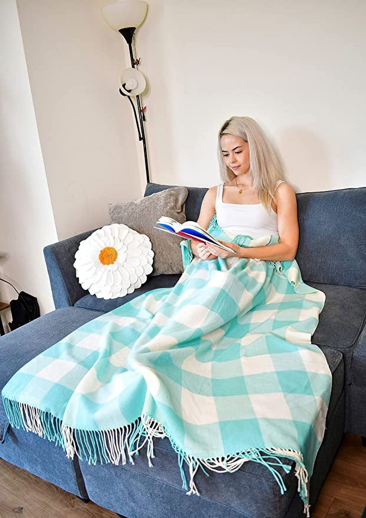 Blankets - Buffalo Plaid Throw Blanket - Decorative Classic Blanket - Comfortable and Ultra-Soft - Lightweight & Indoor Outdoor Blanket - (Aqua/Ivory)