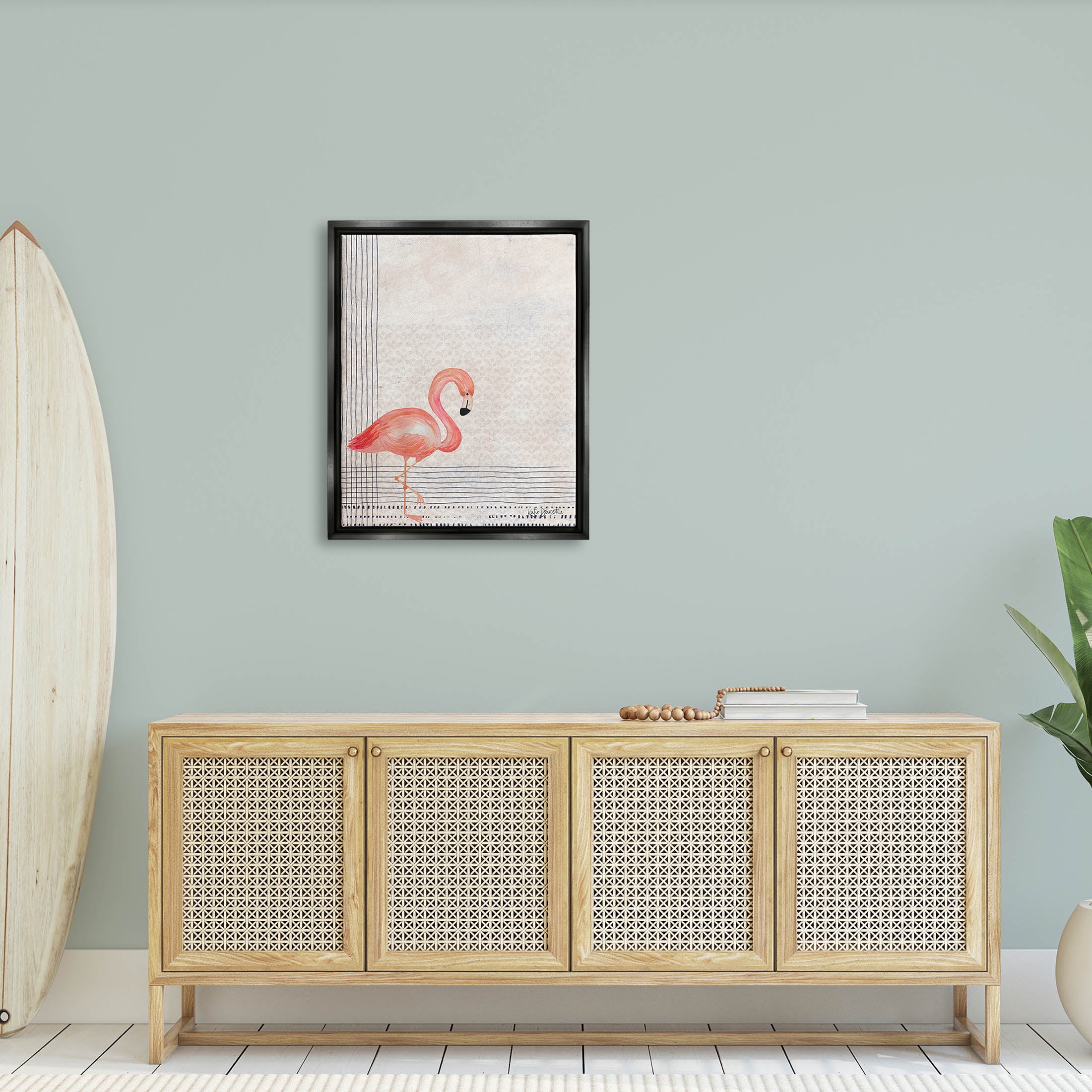 Stupell Industries Patterned Flamingo Bird Layered Stripes Graphic Art Jet Black Floating Framed Canvas Print Wall Art, Design by Katie Doucette