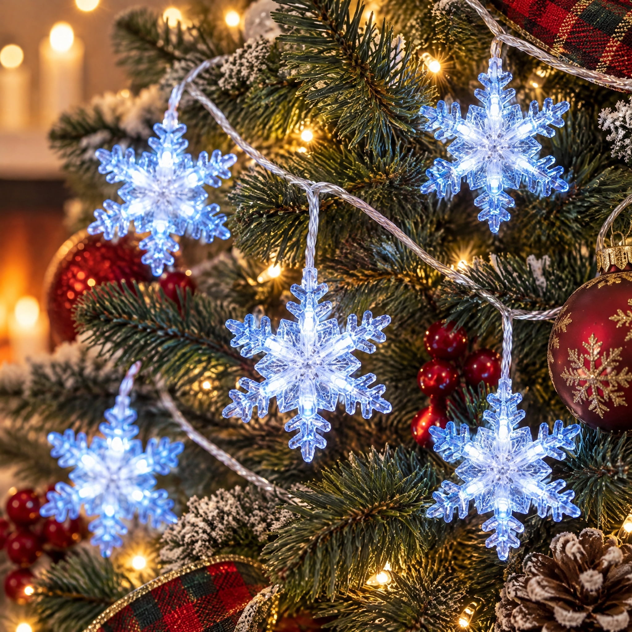 Indoor/Outdoor 8-Count LED 8-Function Snowflake Christmas Icicle Lights, Cool White and Blue, White Wire, 9', by Holiday Time