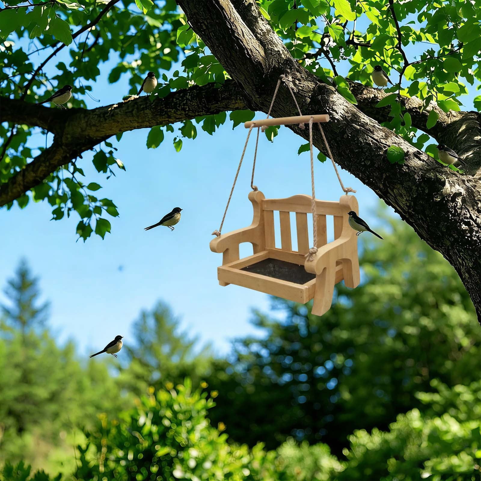 Wooden Swing Chair Bird Feeder, No Mess Bird Feeder, Swing Wild Bird Feeder Stand for Outside, Bird Cage Feeder, Whimsical Hanging Feeding Station for Garden Attracting Wild Birds 1Pcs