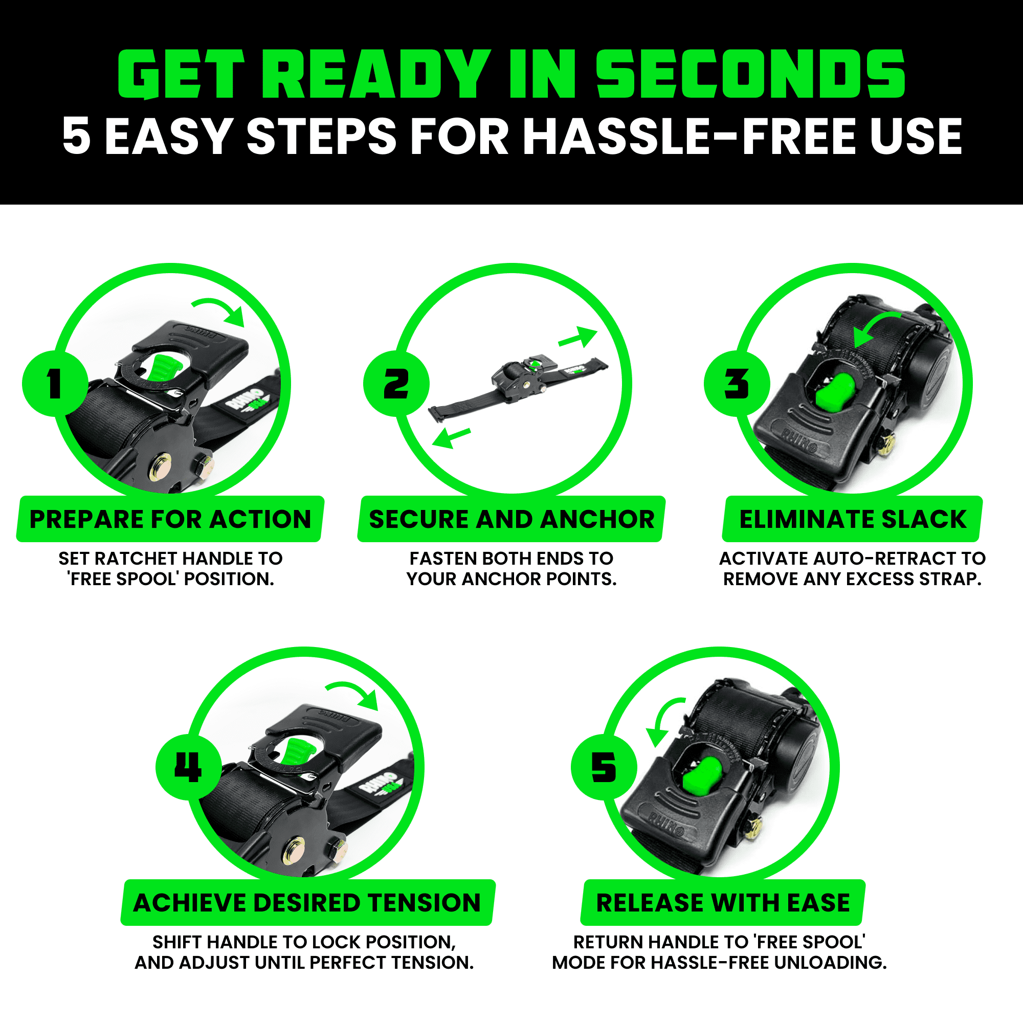 Rhino USA 2" x 10' E Track Retractable Ratchet Tie Down Straps - 3033lb Break Strength (Black 2Pack)