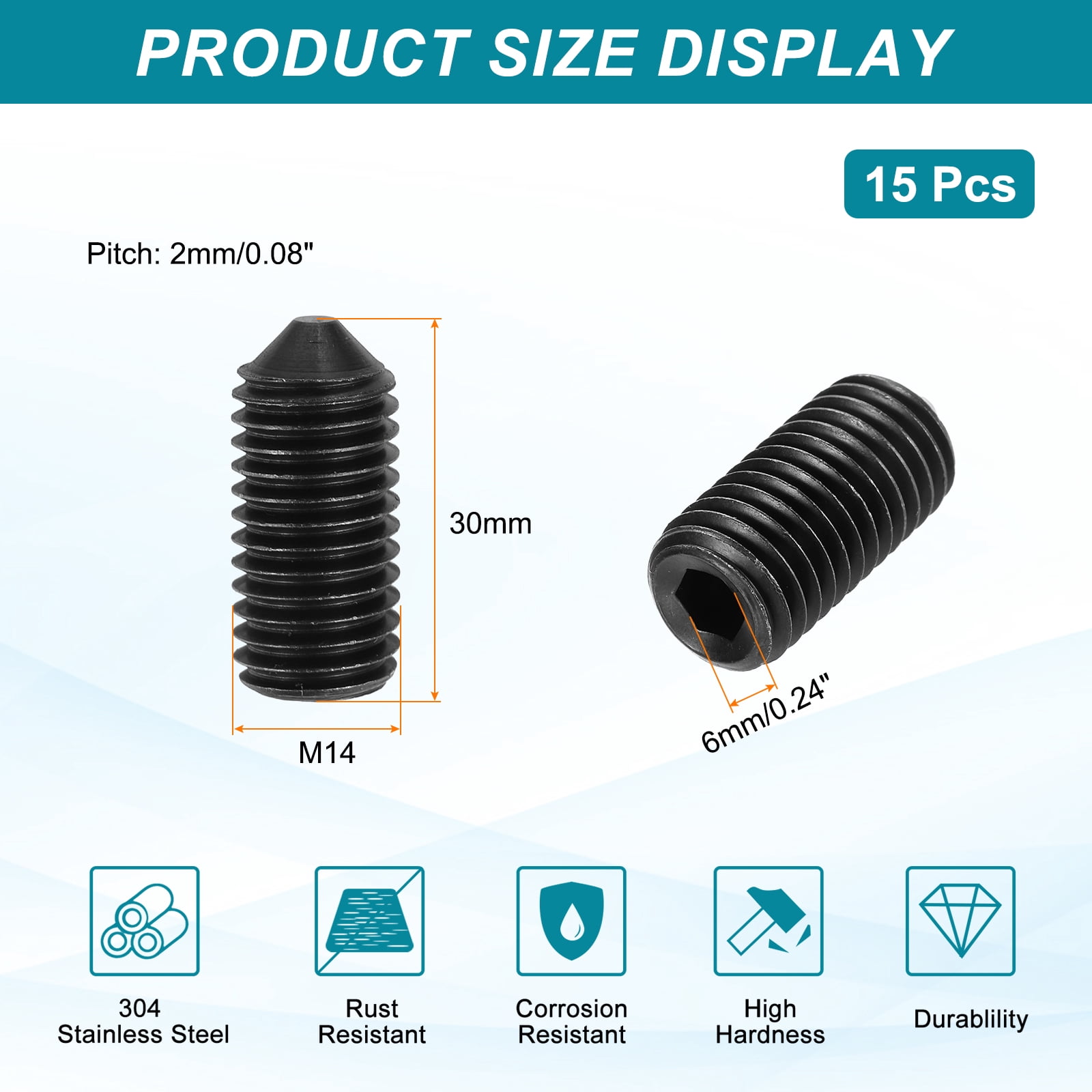 15 Pcs M14x30mm Set Screws, Carbon Steel Cone Point Hex Socket Grub Screw