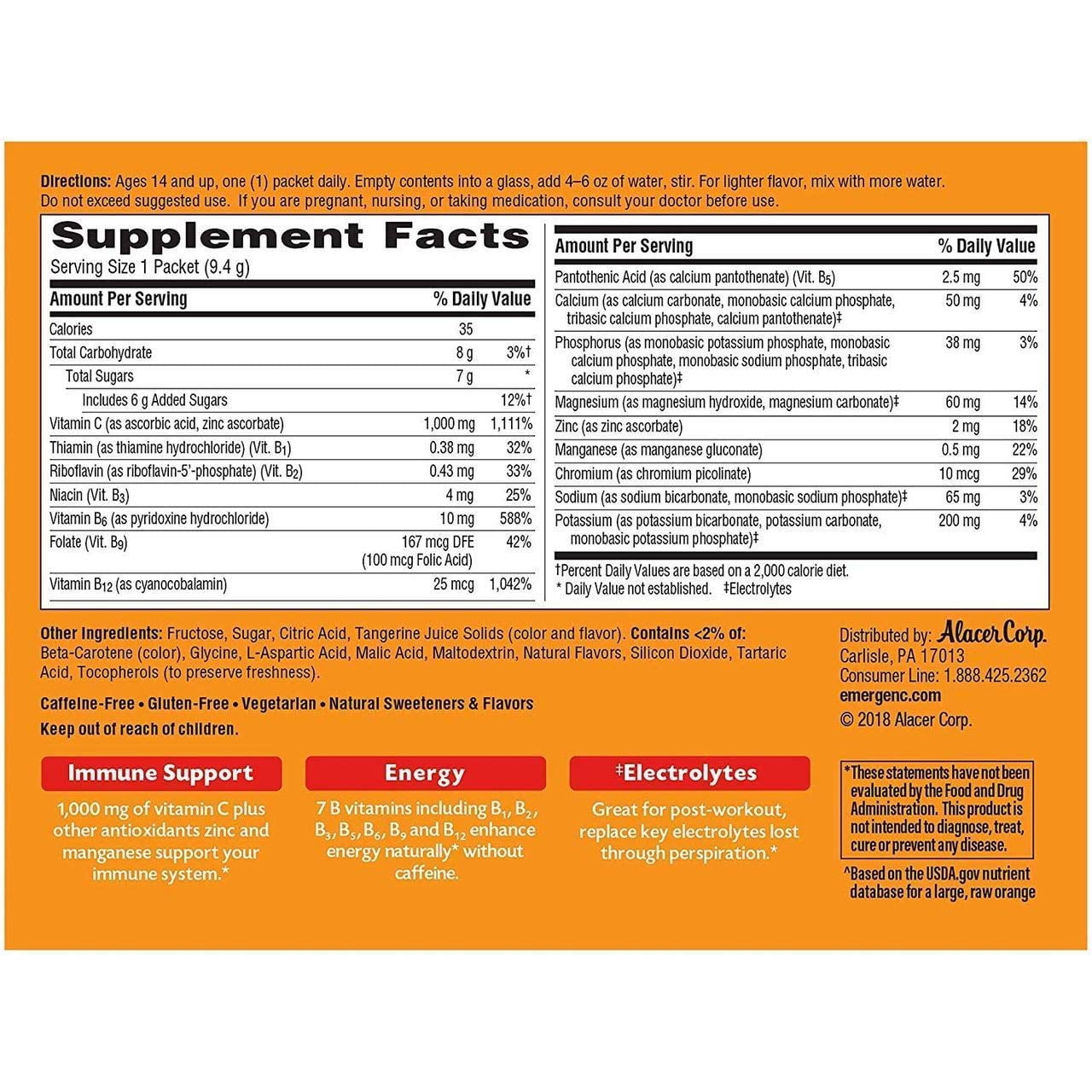 (3 pack) Emergen-C 1000mg Vitamin C Powder for Daily Immune Support with Zinc and Manganese, Tangerine, 30 Count