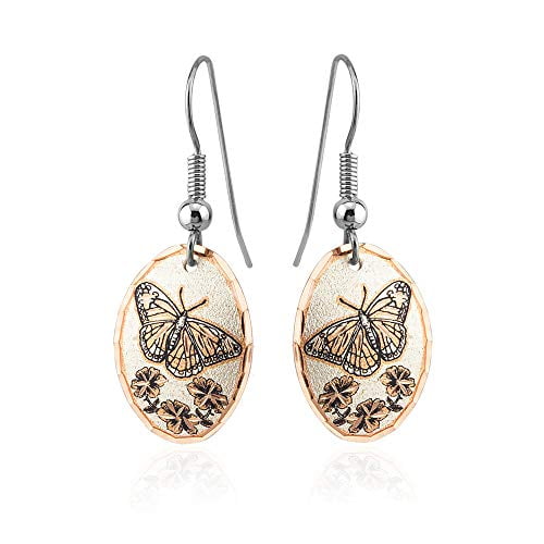 FRONT LINE JEWELRY Women's Copper Monarch Butterfly Earrings Feature Oval Shape Butterfly with Flower Design.Butterfly Gifts for Her