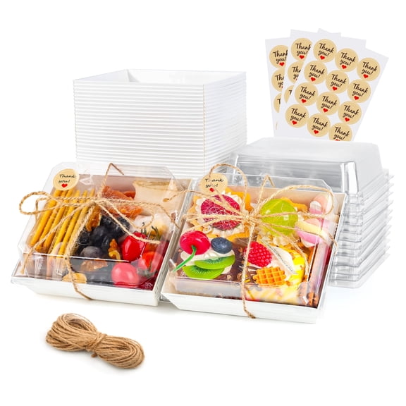 Charcuterie Boxes with Clear Lids, 5.3x4.9x2.5 Inch Disposable Bakery Boxes for Treats, Cookies, Sandwiches, Cakes - 50 Pack White Food Containers To Go