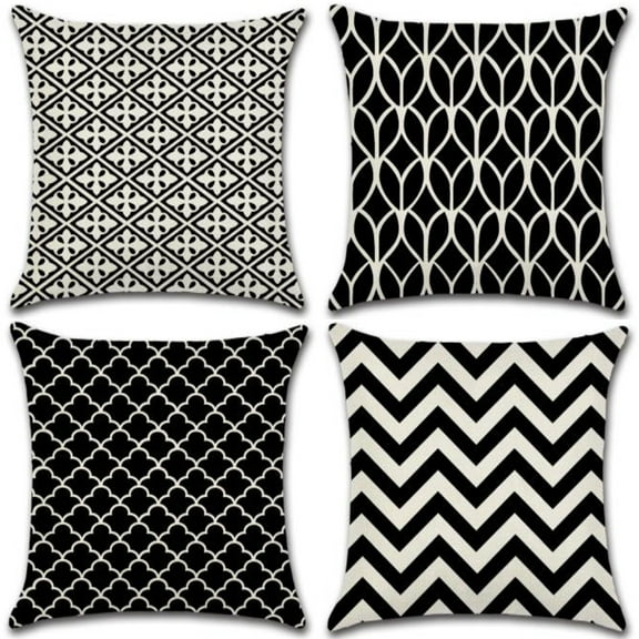 Set of 4 Pillow Covers 18x18, Black & White Geometric Pattern Style, Cotton Linen Fabric Decorative Indoor / Outdoor Throw Pillow Case Set 45x45cm