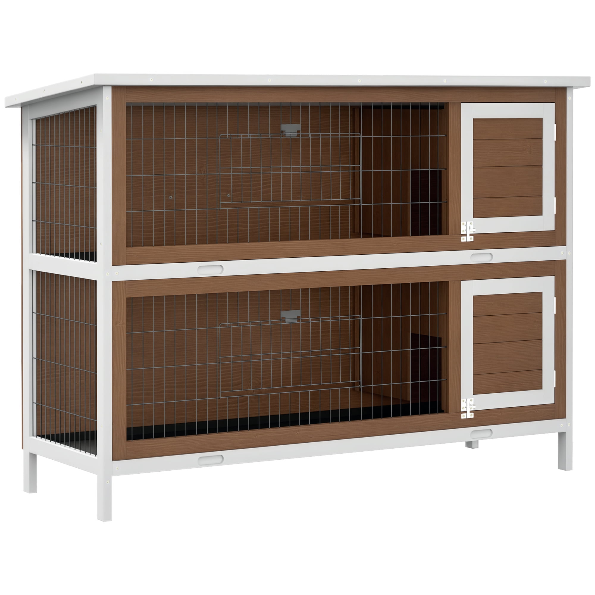PawHut 54" 2-Story Large Rabbit Hutch Bunny Cage Wooden Pet House Small Animal Habitat with Lockable Doors, No Leak Tray and Waterproof Roof for Outdoor/Indoor Brown