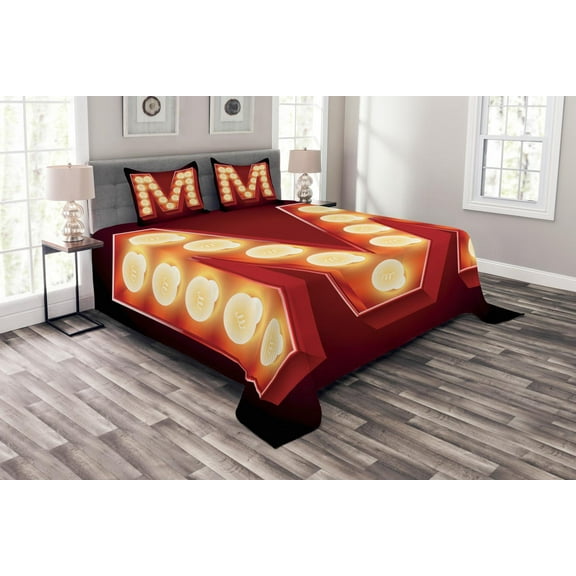 Ambesonne Letter M Quilted Bedspread Set 3 Pcs, Vintage Type Old Movie, Queen Size, Vermilion Yellow Black