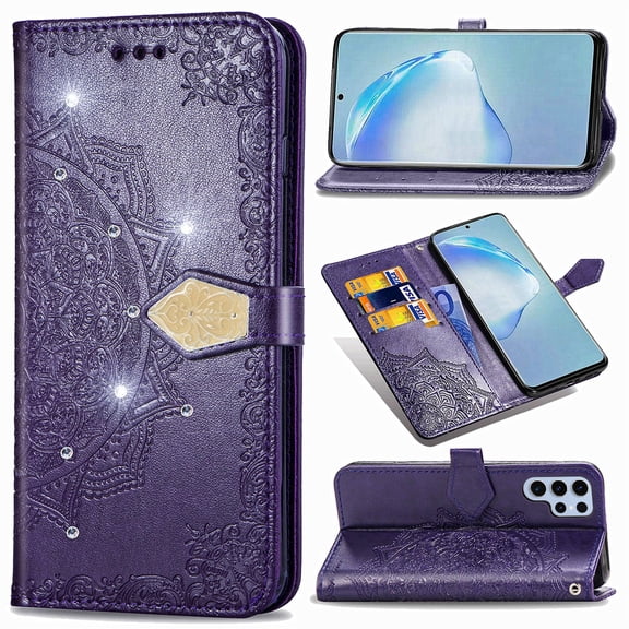 Flip Wallet Case for Samsung Galaxy S24 Ultra, Bling Diamond Embossed Cover [Premium PU Leather TPU Bumper][3 Card Slots][Stand Function][Magnetic Closure][Wrist Strap] Shockproof Phone Case,Purple