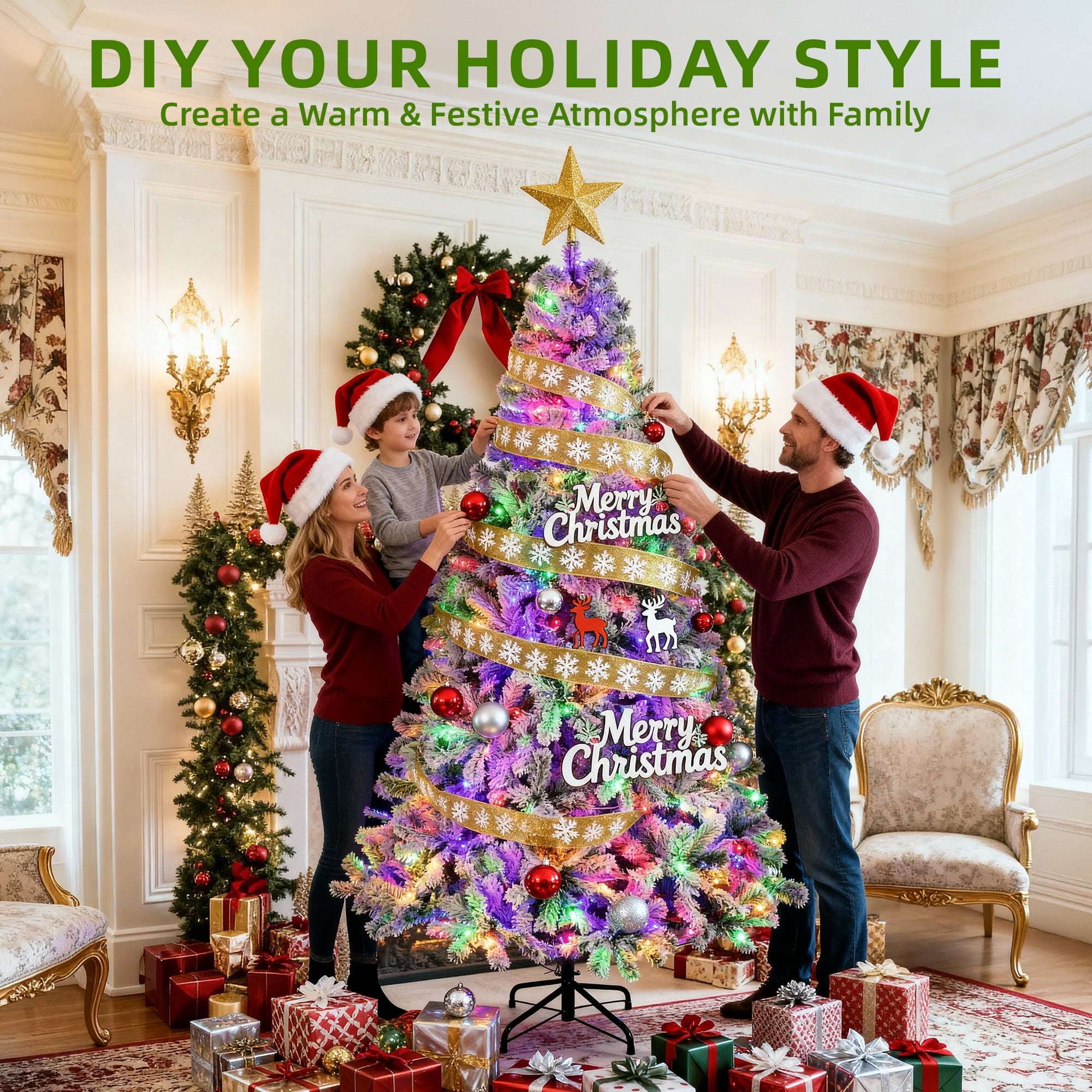 Furnibear 6ft Pre-Lit Flocked Christmas Tree, 1000 Tips with 250 Color Changing Lights & Auto Fluff