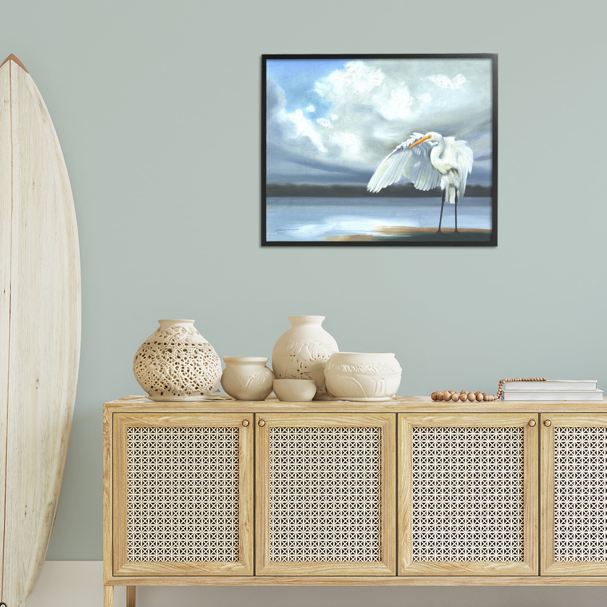 Stupell Industries Egret on Cloudy Beach Shore Animals & Insects Painting Black Framed Art Print Wall Art, 30 x 24