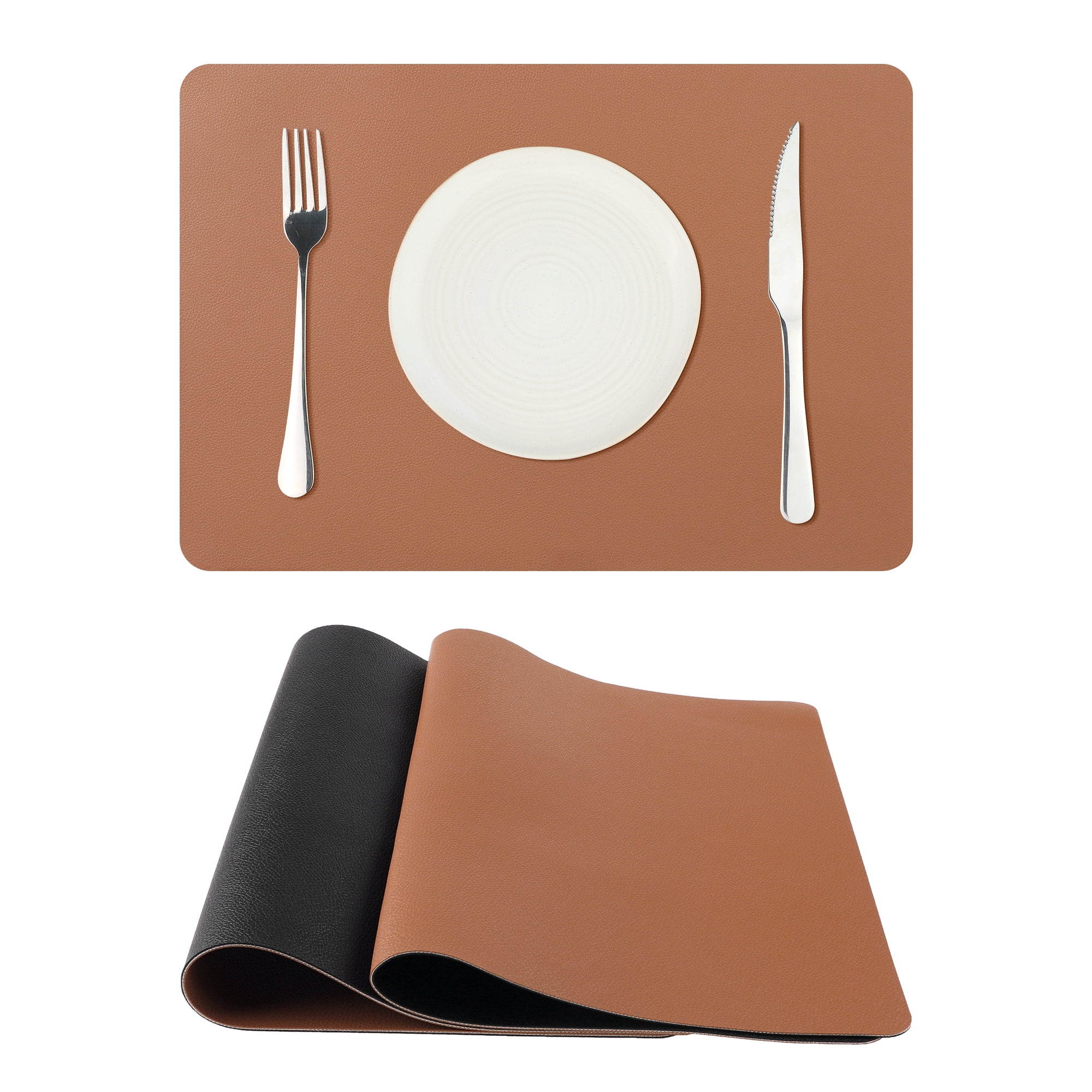 Unique Bargains Placemats Set of 2, Faux Leather Easy to Clean Table Mats Place Mats Brown Black 17x12 inch
