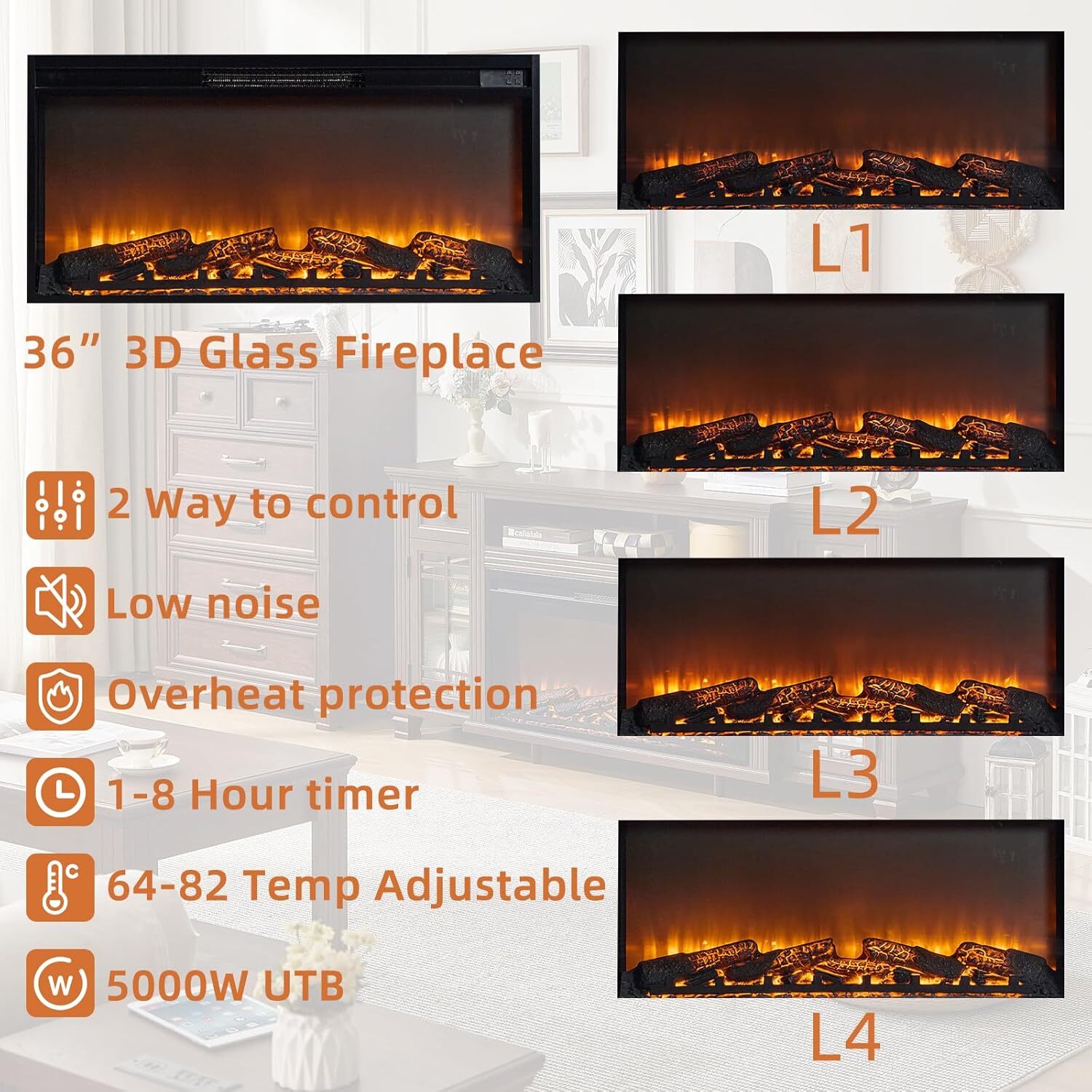 70" Fireplace TV Stand, Up to 80 inch, Entertainment Center with Electric Fireplace, Storage Cabinets, Open Shelves and Drawers, Media Console for Living Room, Walnut