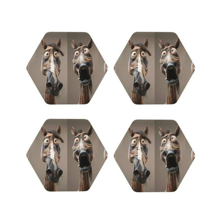 

Drink Coasters Set of 4 Funny Horse Faces Expressions Leather Coasters for Coffee Table Protector Heat Resistant Cute Coasters for Home Decor Housewarming Gifts Bar Kitchen 4 Inch Hexagon