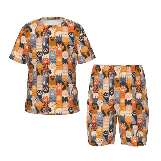 Fotbe Cat Paws Pijama Estampada de 2 Piezas para Niños – Ropa de Dormir de Manga Corta Cómoda para Niños y Niñas, Camiseta y Shorts de Algodón-3X-Large