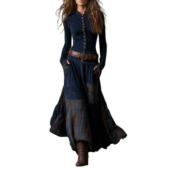 Women's Vintage Western Plaid Maxi Dress Plaid Suede Dress with Pockets, Buttons and Belt Fishtail Long Sleeve Boho Dresses Blue 2XL